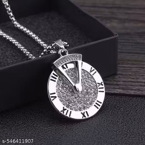 High Quality Unique Diamonds Studded 3D Rotating Roman Clock Pendent With Stainless Steel Chain For Men